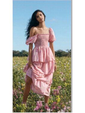 LoveShackFancy Pink Floral Tiered Maxi Dress With Smocked Bodice Puff Sleeves Si